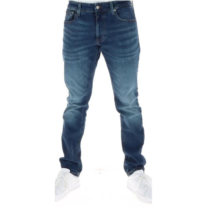 Tommy Hilfiger jeans for men in dark blue denim with slim fit and subtle fading along thighs, front view
