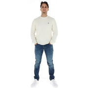 Tommy Hilfiger Jeans cable knit sweater for men in cream with small embroidered logo on left chest, front view