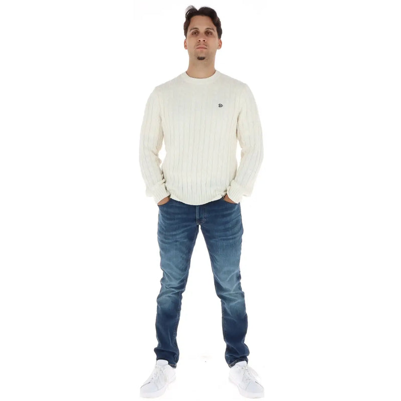 Tommy Hilfiger Jeans cable knit sweater for men in cream with small embroidered logo on left chest, front view