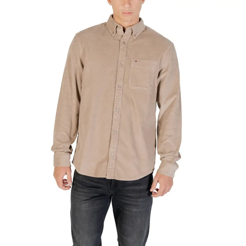 Men’s beige organic cotton long-sleeve button-down corduroy shirt with chest pocket