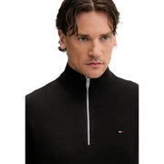 Tommy Hilfiger jeans men black ribbed knitwear half-zip sweater 100 cotton with silver zipper and logo on chest