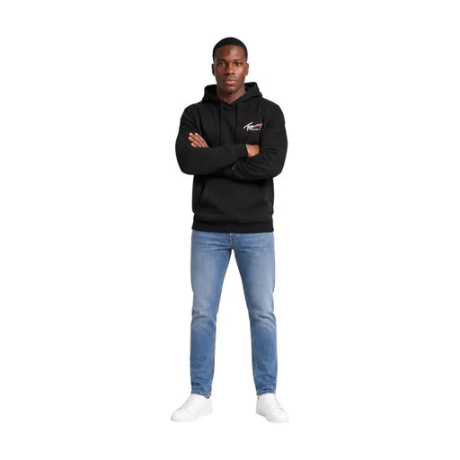 Black tommy hilfiger jeans men organic cotton hoodie with small logo on chest, classic casual wear essential