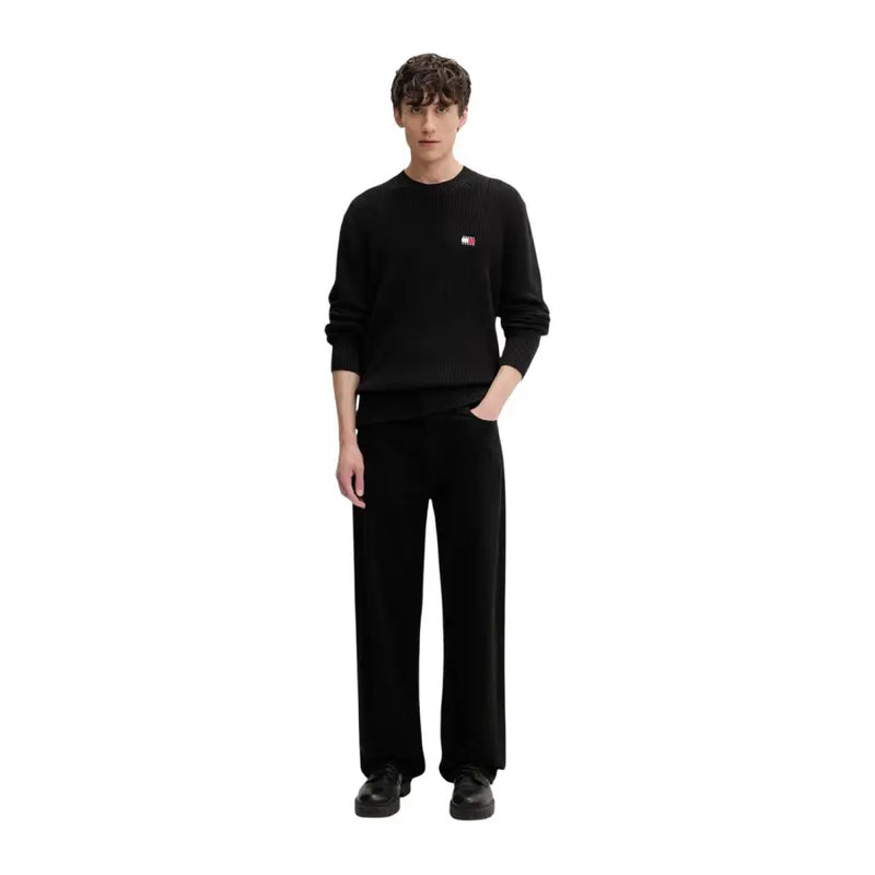 Tommy Hilfiger jeans men black ribbed knit organic cotton sweater with small red and white logo on left chest