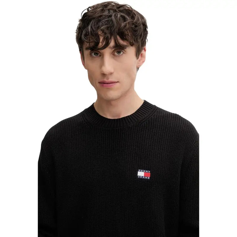 Tommy Hilfiger Jeans men black organic cotton textured knit sweater with small embroidered logo on left chest