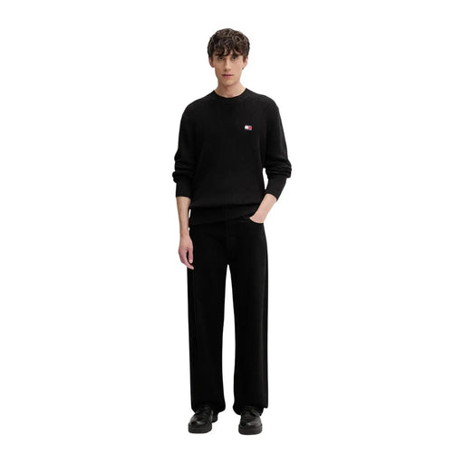 Tommy Hilfiger jeans men black ribbed knit organic cotton sweater with small red and white logo on left chest