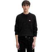 Tommy Hilfiger Jeans men black organic cotton ribbed knit sweater with embroidered flag logo on left chest
