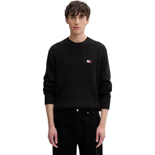 Tommy Hilfiger Jeans men black organic cotton ribbed knit sweater with embroidered flag logo on left chest