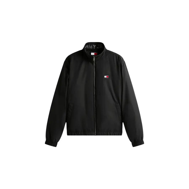 Tommy Hilfiger Schwarze Herren-Jeans, Polyester-Blazer mit Reißverschluss, gesticktem Logo auf der Brust und Schriftzug am Kragen