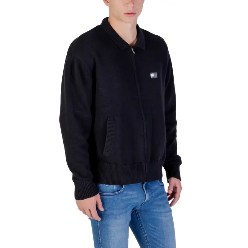 Tommy Hilfiger Jeans men black knit bomber jacket with zipper front ribbed cuffs hem and organic cotton blend