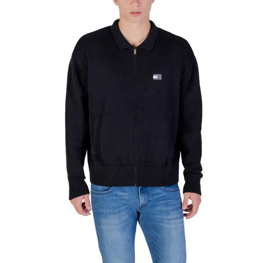Black Tommy Hilfiger Jeans men zip knitwear jacket with ribbed cuffs and hem made from organic cotton