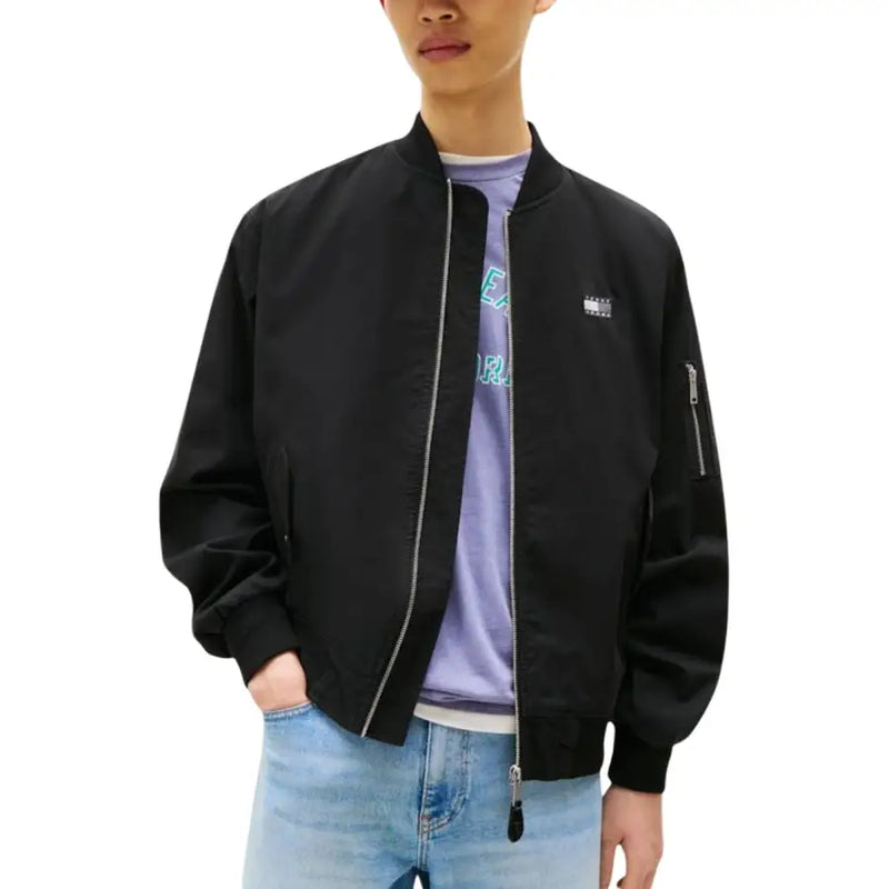 Tommy Hilfiger Jeans men blazer black bomber jacket with silver zipper and logo patch on left chest
