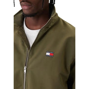 Olive green tommy hilfiger jeans bomber jacket with silver zipper and embroidered logo patch for men