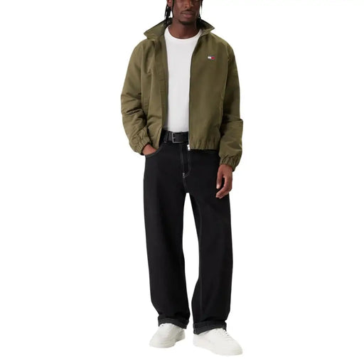 Olive green hooded blazer jacket with small embroidered logo on left chest made of polyester by tommy hilfiger jeans