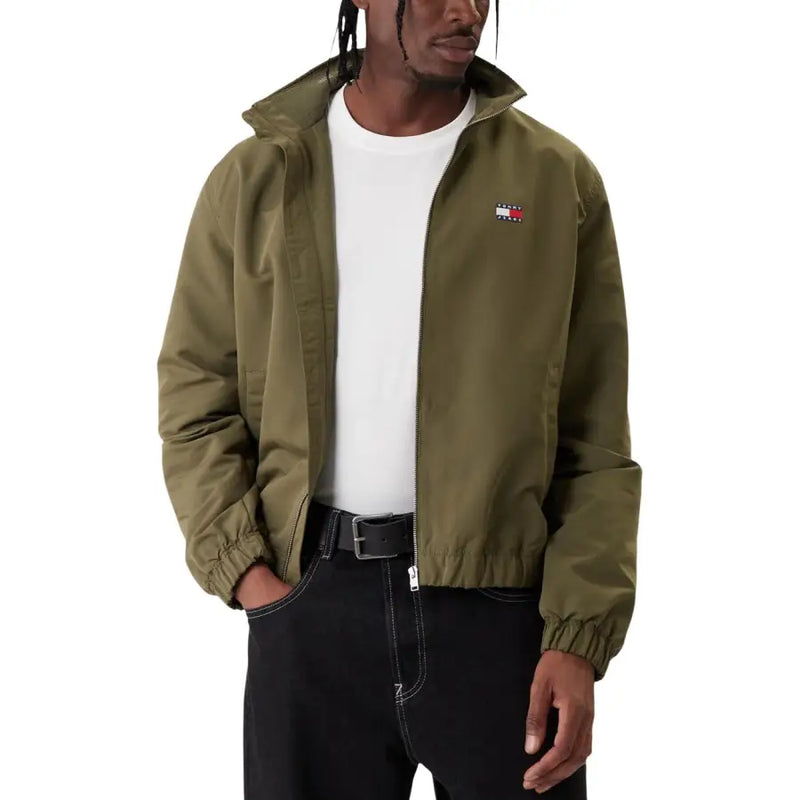 Tommy Hilfiger jeans men blazer with olive green hooded jacket featuring elastic cuffs and embroidered chest logo