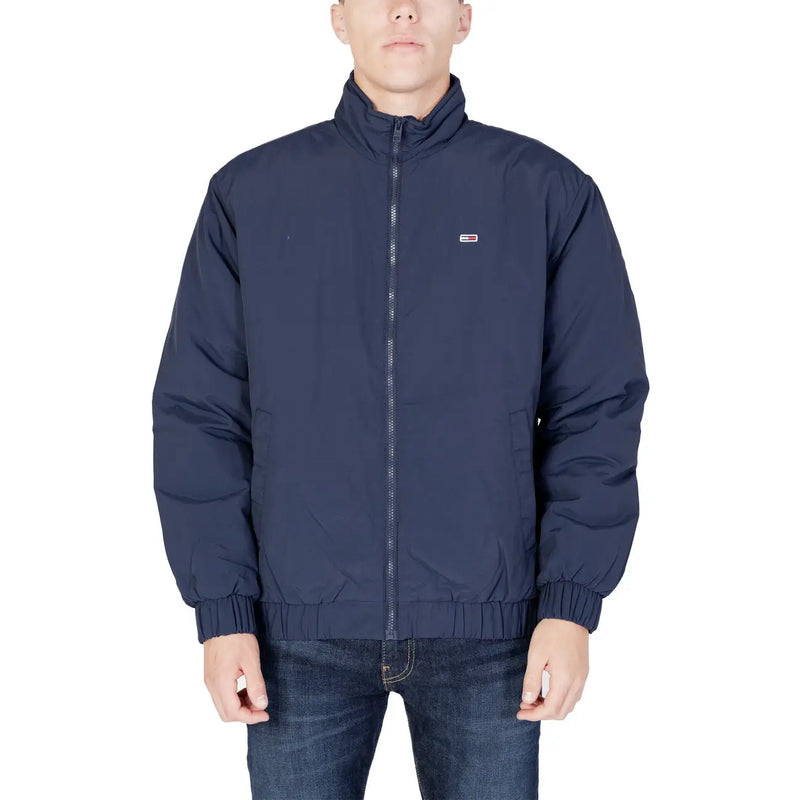Navy blue tommy hilfiger jeans men nylon puffer jacket with zipper and small logo on left chest dm0dm17238