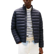 Tommy Hilfiger Jeans men blue nylon puffer jacket with horizontal stitching and a small chest logo