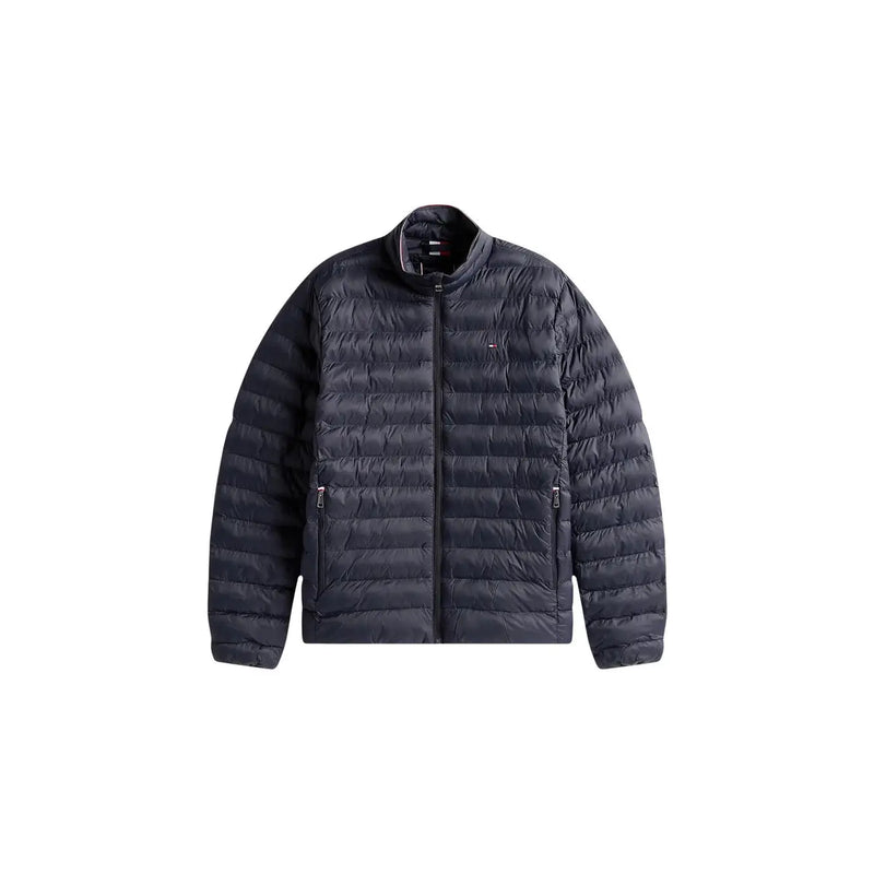 Tommy Hilfiger Jeans men blue nylon zip jacket dark navy quilted puffer with stand-up collar and front zipper