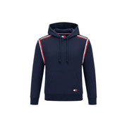 Navy blue tommy hilfiger jeans men hoodie with red and white striped shoulder accents made from organic cotton