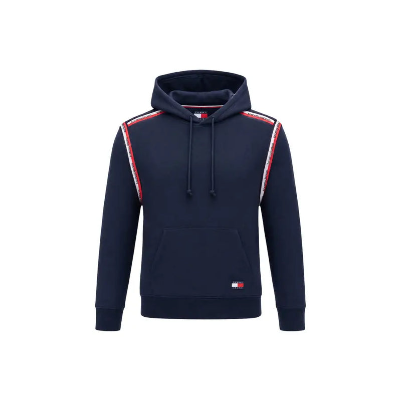 Navy blue tommy hilfiger jeans men hoodie with red and white striped shoulder accents made from organic cotton