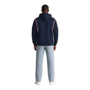 Tommy Hilfiger Jeans men blue organic cotton hoodie with navy blue color and red and white striped side panels