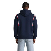 Tommy Hilfiger Jeans men blue organic cotton hoodie with navy blue body and red and white striped sleeve panels