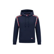 Navy blue tommy hilfiger jeans men hoodie with red and white striped shoulder accents made from organic cotton