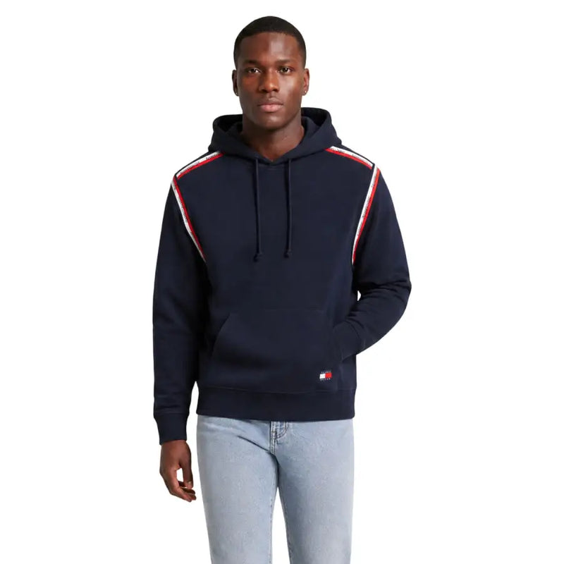 Navy blue tommy hilfiger jeans men hoodie made of organic cotton with red and white striped shoulder panels
