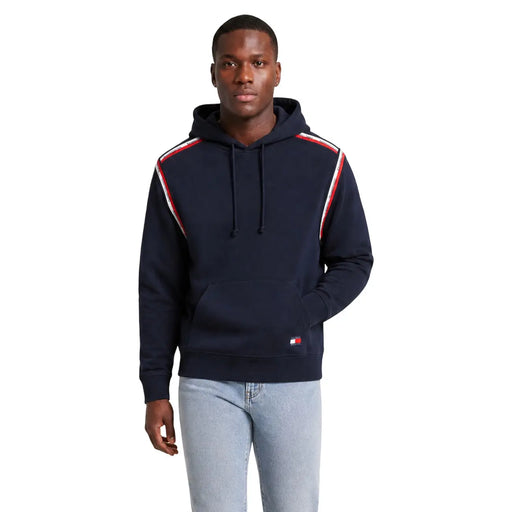 Navy blue tommy hilfiger jeans men hoodie made of organic cotton with red and white striped shoulder panels