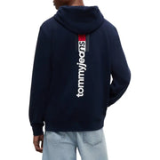 Back view of navy blue tommy hilfiger jeans men sweatshirt with white branding red gray stripe organic cotton