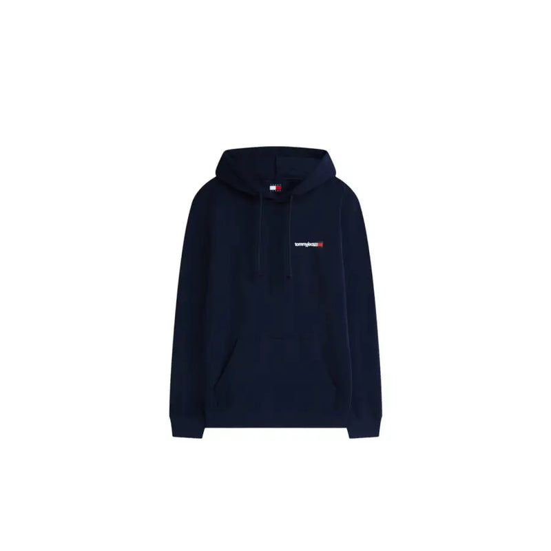 Navy blue Tommy Hilfiger Jeans men blue organic cotton sweatshirt hoodie with small chest logo and drawstrings