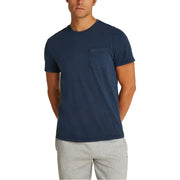 Navy blue tommy hilfiger jeans men cotton t shirt with short sleeves chest pocket and subtle logo on the flap
