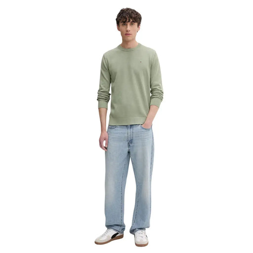 Tommy Hilfiger Jeans men green organic cotton knitwear long-sleeved crewneck sweater with embroidered logo