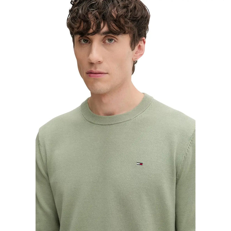 Tommy Hilfiger jeans men green organic cotton ribbed-knit crewneck sweater with small flag logo on left chest