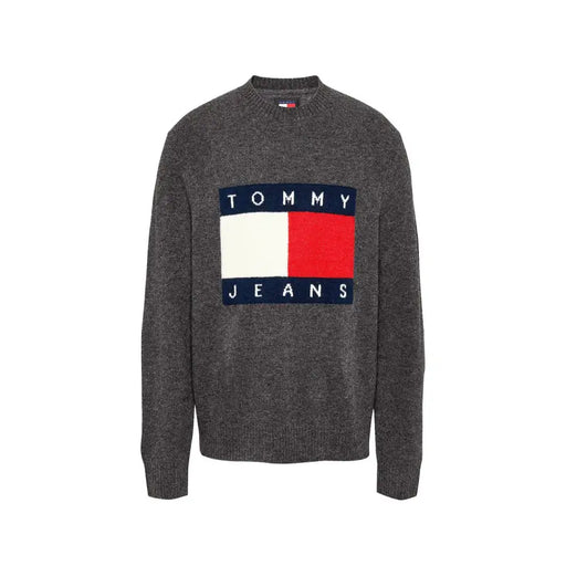 Dunkelgrauer Tommy Hilfiger Herren-Strickpullover mit Rundhalsausschnitt und auffälligem rot-weiß-marineblauem Logo-Print