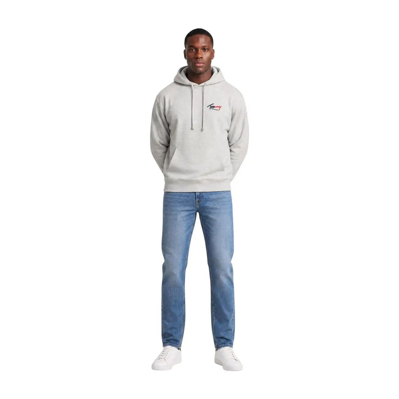 Tommy Hilfiger jeans men grey organic cotton hoodie with small embroidered logo and matching drawstrings on chest