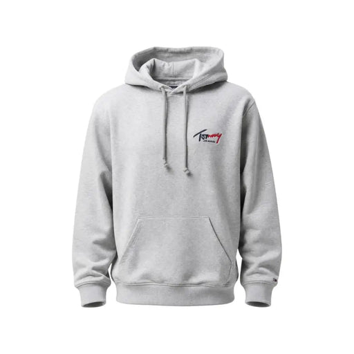 Tommy Hilfiger Jeans men grey organic cotton hoodie with subtle logo on chest and matching drawstrings