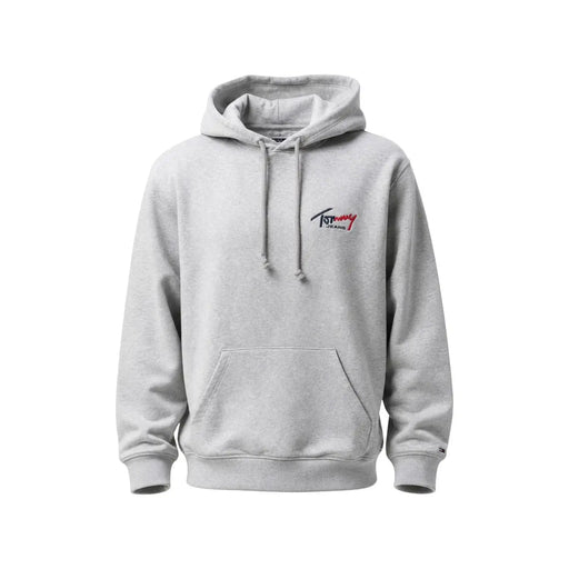 Tommy Hilfiger Jeans men grey organic cotton hoodie with subtle logo on chest and matching drawstrings