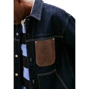 Tommy Hilfiger men jacket blue organic cotton dark blue denim with brown leather patch pocket and silver buttons