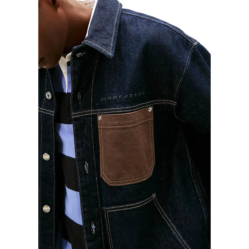 Tommy Hilfiger men jacket blue organic cotton dark blue denim with brown leather patch pocket and silver buttons