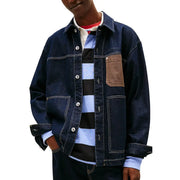 Tommy Hilfiger men’s blue organic cotton denim jacket with brown leather patch and white contrast stitching