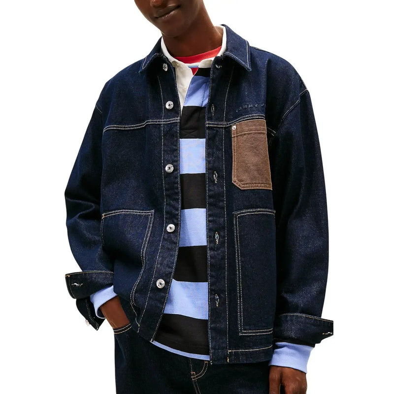 Tommy Hilfiger men’s blue organic cotton denim jacket with brown leather patch and white contrast stitching