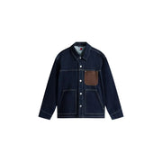 Tommy Hilfiger mens blue organic cotton denim jacket with brown leather patch pocket and white contrast stitching