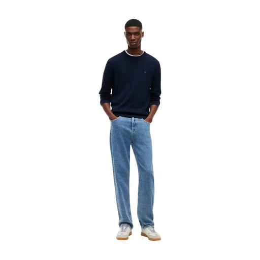 bleu marine Tommy Hilfiger Jeans Pull en maille pour homme à col rond avec bordure côtelée blanche et en coton biologique