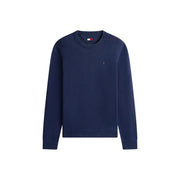 Marineblauer Tommy Hilfiger Herren-Strickpullover mit Rundhalsausschnitt, gerippten Bündchen und gesticktem Logo auf der linken Brust, aus Bio-Baumwolle