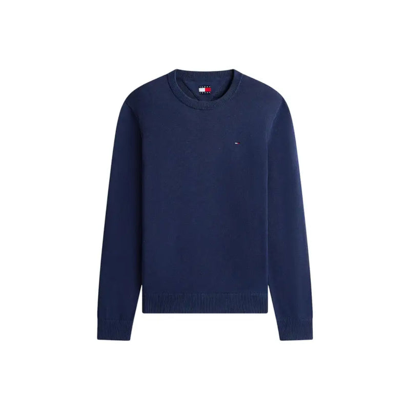 Marineblauer Tommy Hilfiger Herren-Strickpullover mit Rundhalsausschnitt, gerippten Bündchen und gesticktem Logo auf der linken Brust, aus Bio-Baumwolle