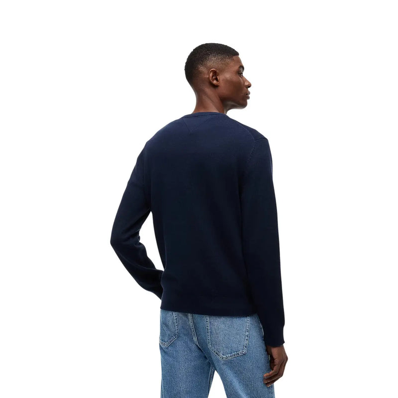 Navy blue crewneck sweater by Tommy Hilfiger Jeans men knitwear made from blue organic cotton