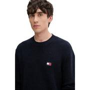 Marineblauer, strukturierter Strickpullover aus Bio-Baumwolle für Herren von Tommy Hilfiger Jeans mit kleinem gesticktem Flaggenlogo