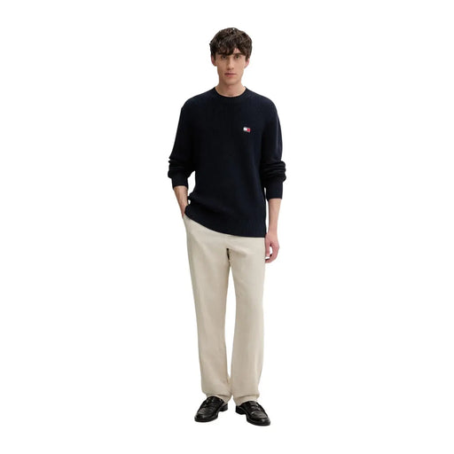 Navy blue ribbed knit sweater with small left chest logo made from organic cotton by Tommy Hilfiger Jeans men knitwear