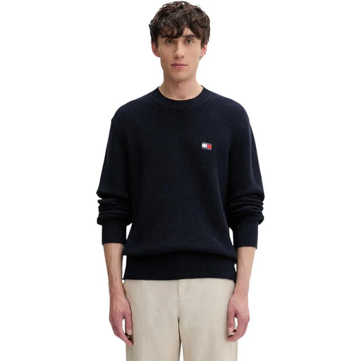 Navy blue ribbed knit tommy hilfiger jeans men sweater with organic cotton and embroidered flag logo on left chest