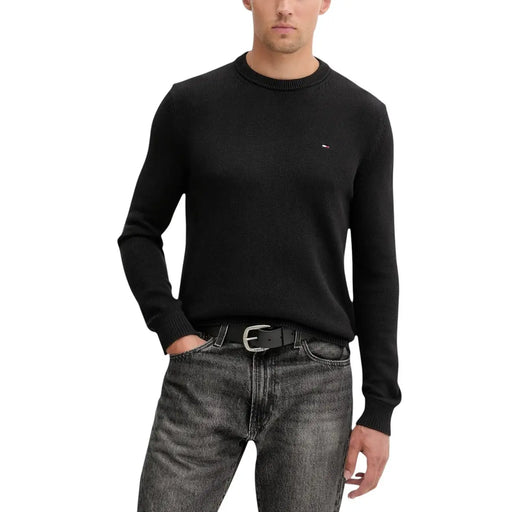 Black Tommy Hilfiger crewneck sweater with ribbed cuffs and neckline in cotton knitwear for men